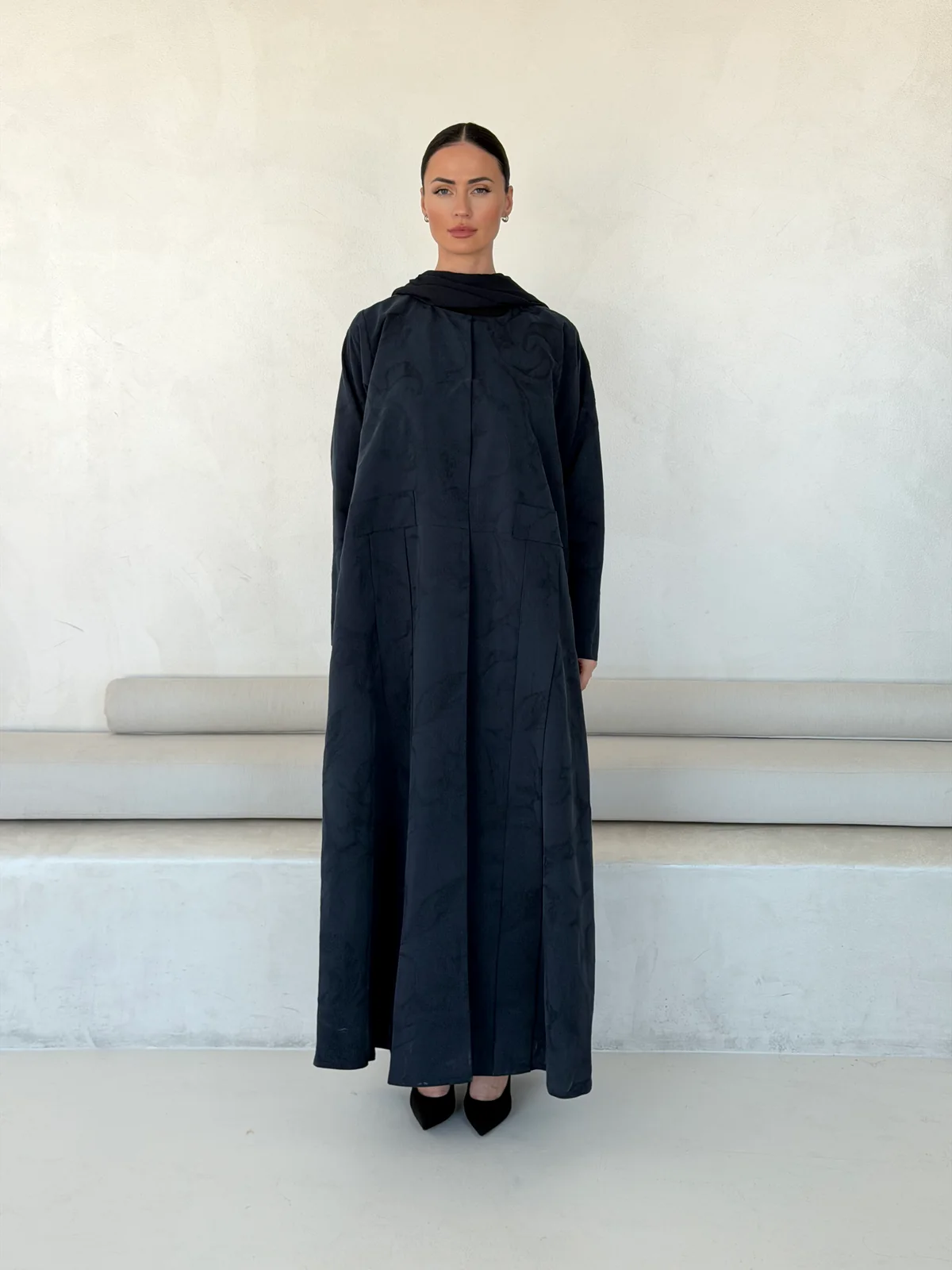 Navy Abaya with Tonal Pattern in Washed slub jacquard - main view | JAAZLINE JZA26-19
