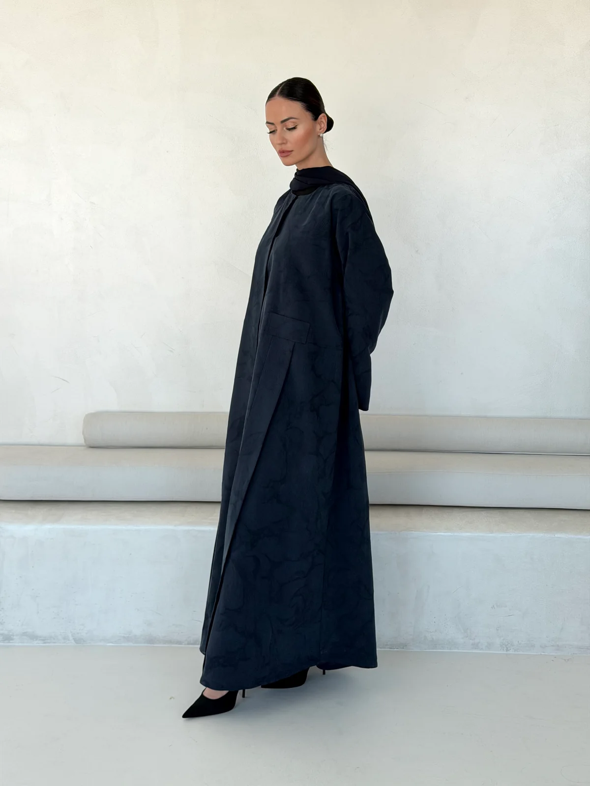 Navy Abaya with Tonal Pattern in Washed slub jacquard - additional angle | JAAZLINE JZA26-19