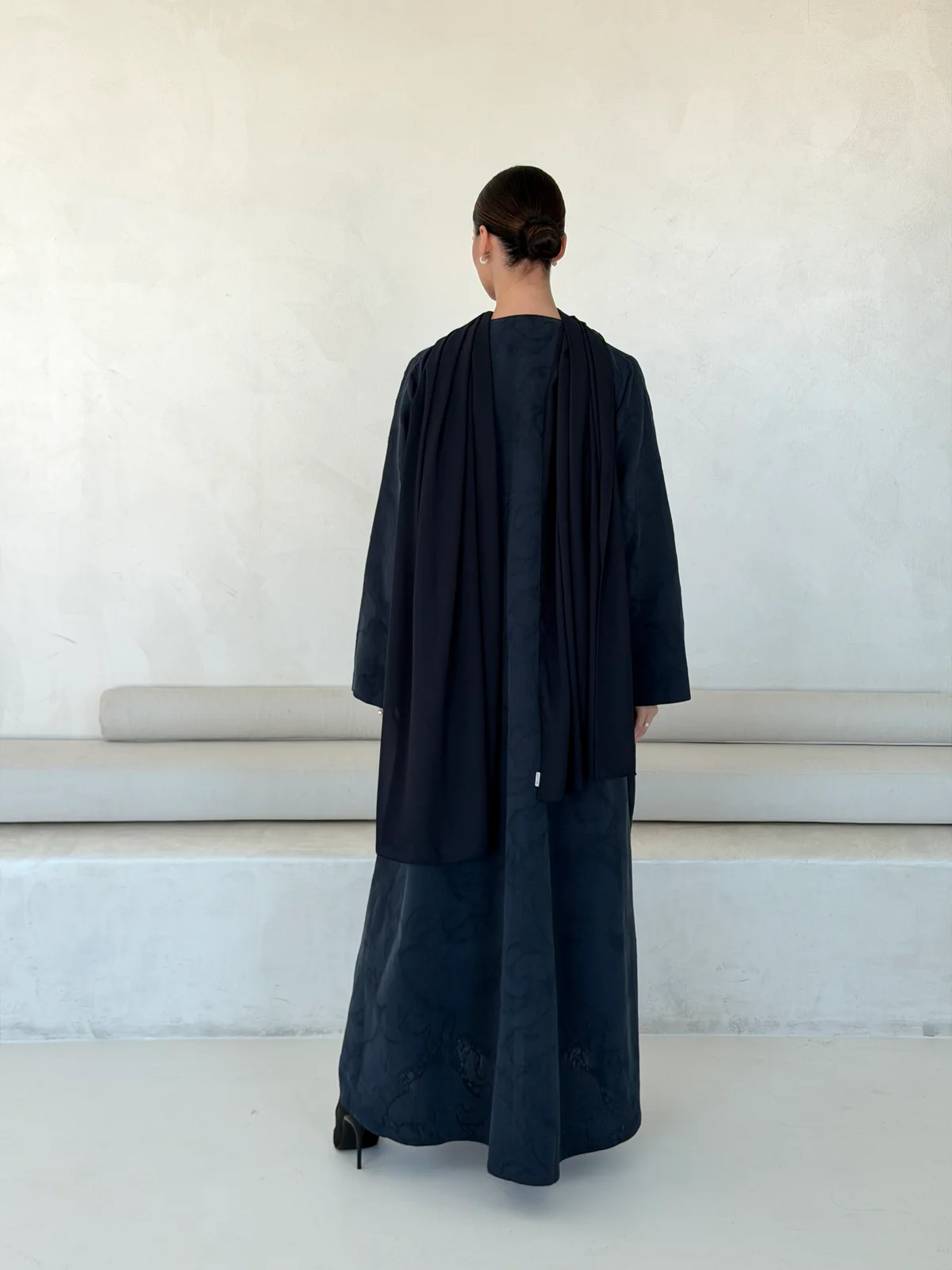 Navy Abaya with Tonal Pattern in Washed slub jacquard - additional angle | JAAZLINE JZA26-19