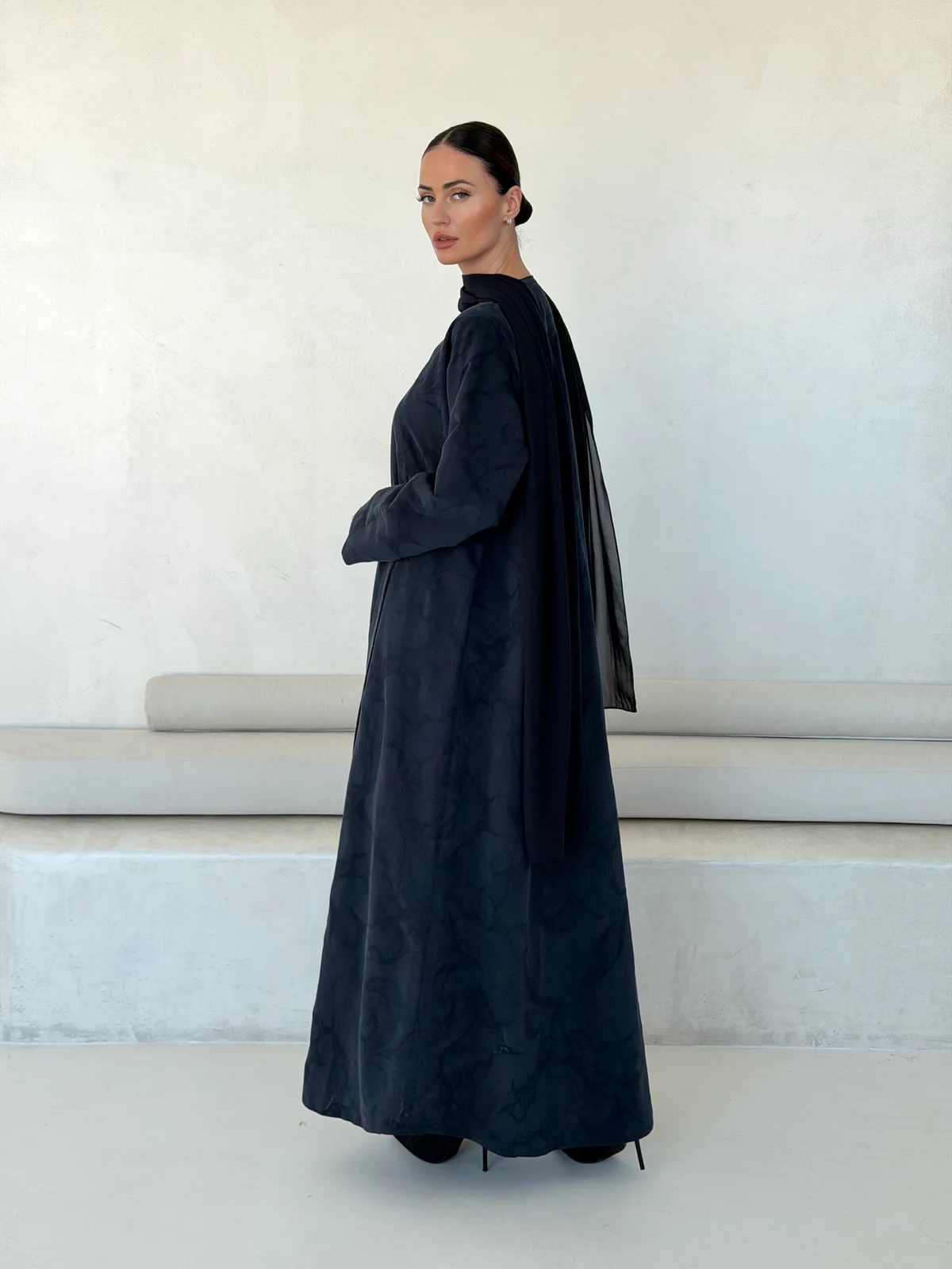 Navy Abaya with Tonal Pattern in Washed slub jacquard - additional angle | JAAZLINE JZA26-19