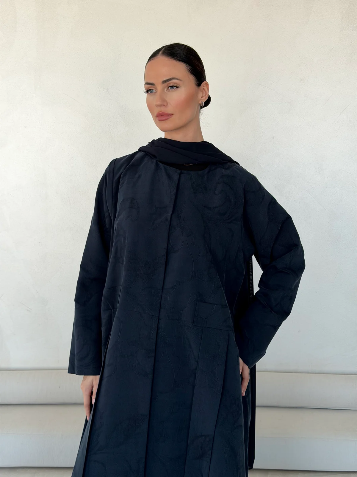 Navy Abaya with Tonal Pattern in Washed slub jacquard - fabric and design detail | JAAZLINE JZA26-19