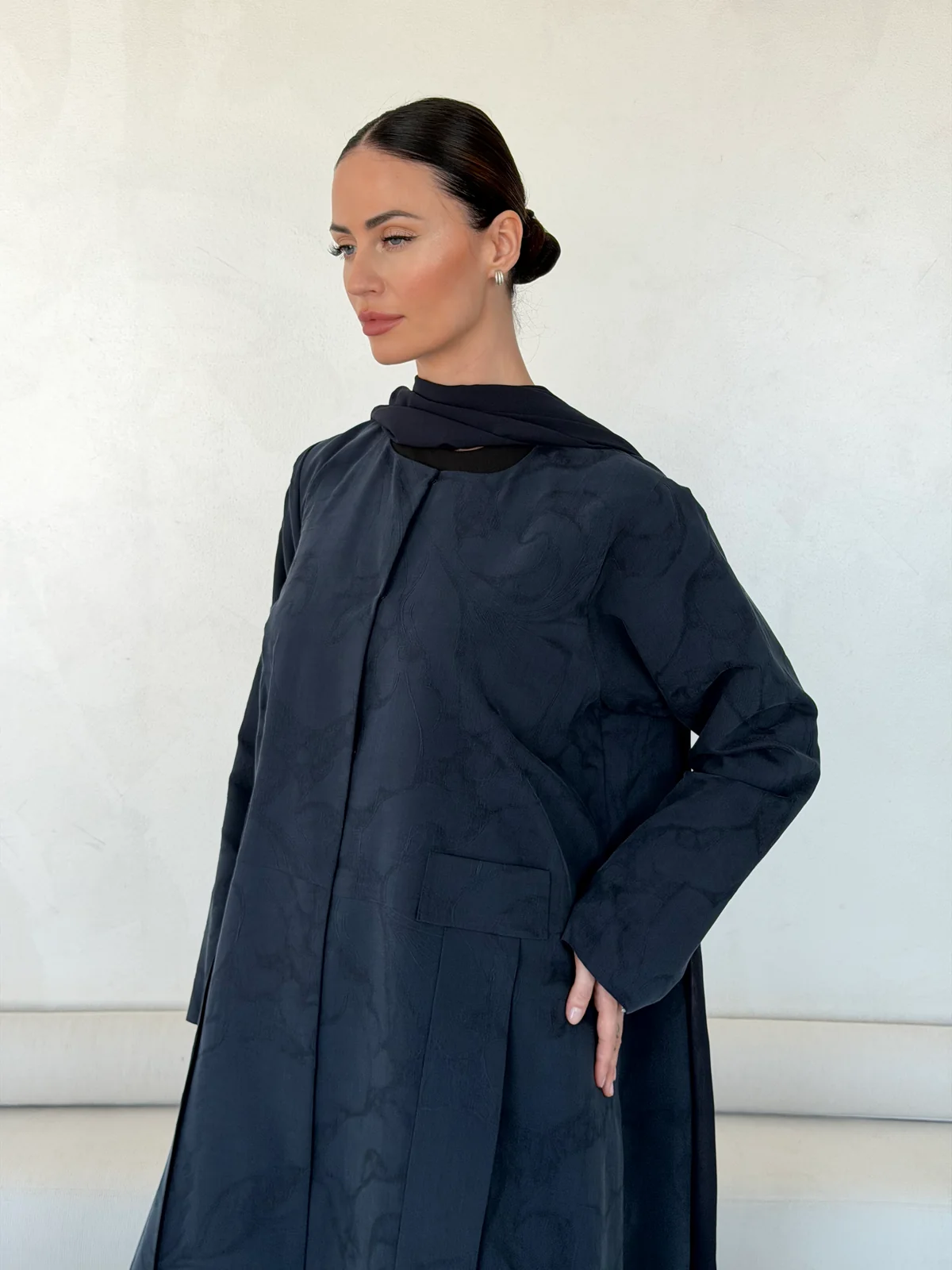 Navy Abaya with Tonal Pattern in Washed slub jacquard - fabric and design detail | JAAZLINE JZA26-19