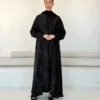 Black Abaya with Large Flowing Motif in Washed slub jacquard - main view | JAAZLINE JZA26-20