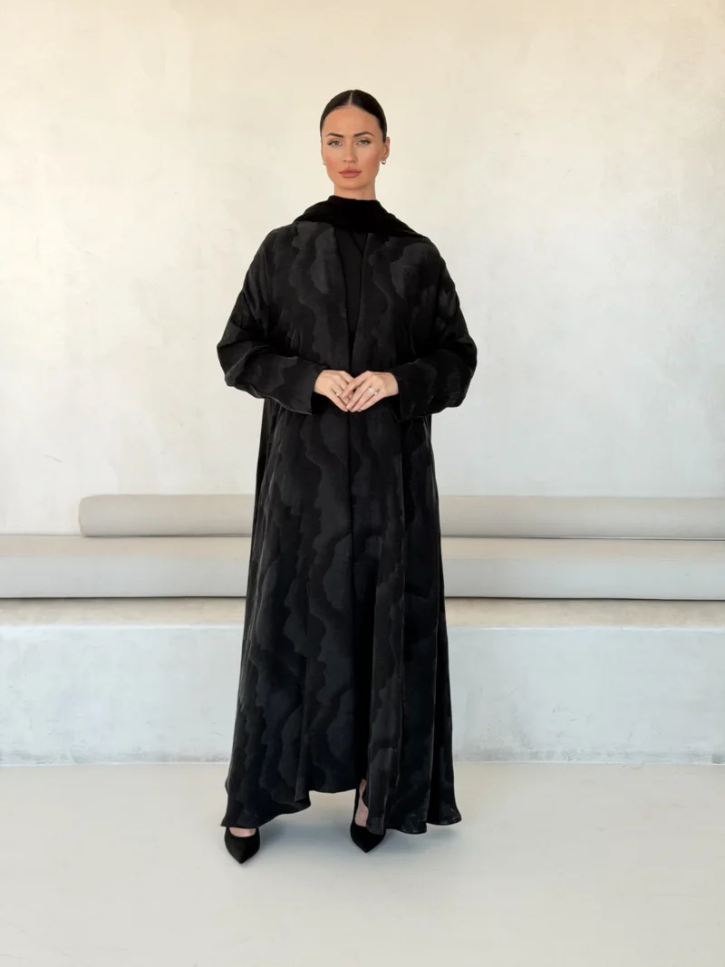 Black Abaya with Large Flowing Motif in Washed slub jacquard - main view | JAAZLINE JZA26-20