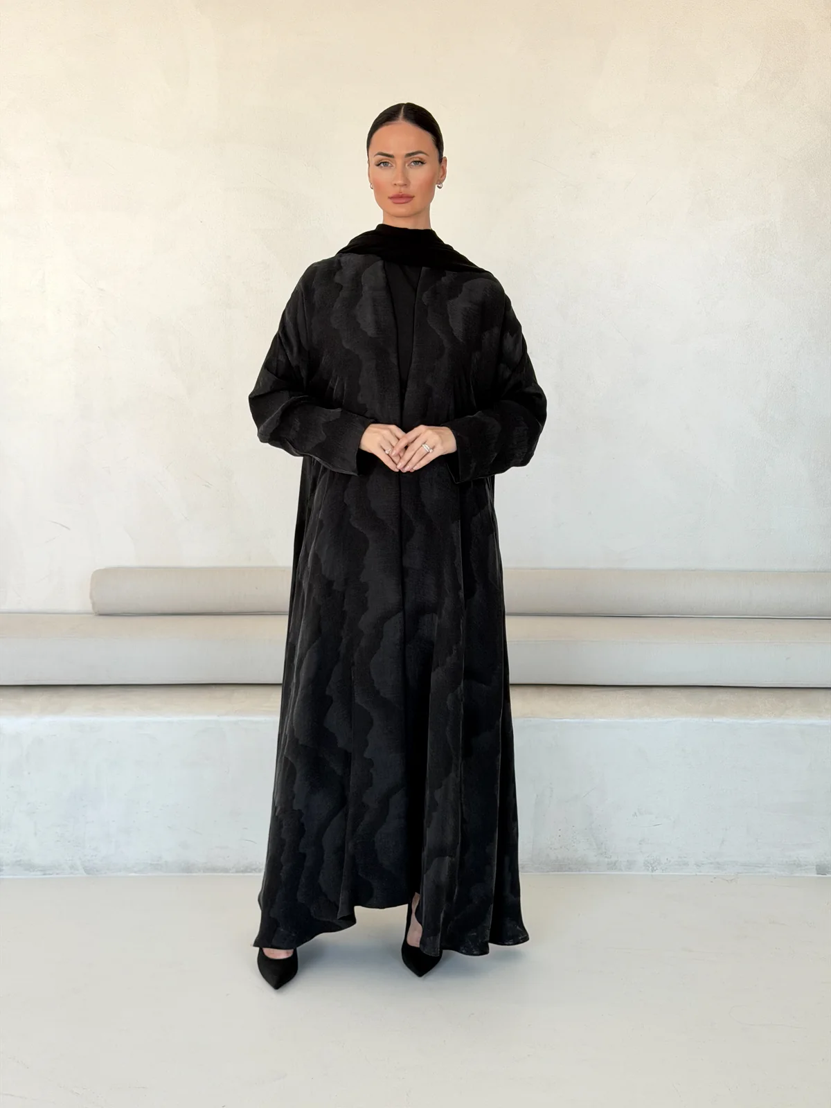 Black Abaya with Large Flowing Motif in Washed slub jacquard - main view | JAAZLINE JZA26-20