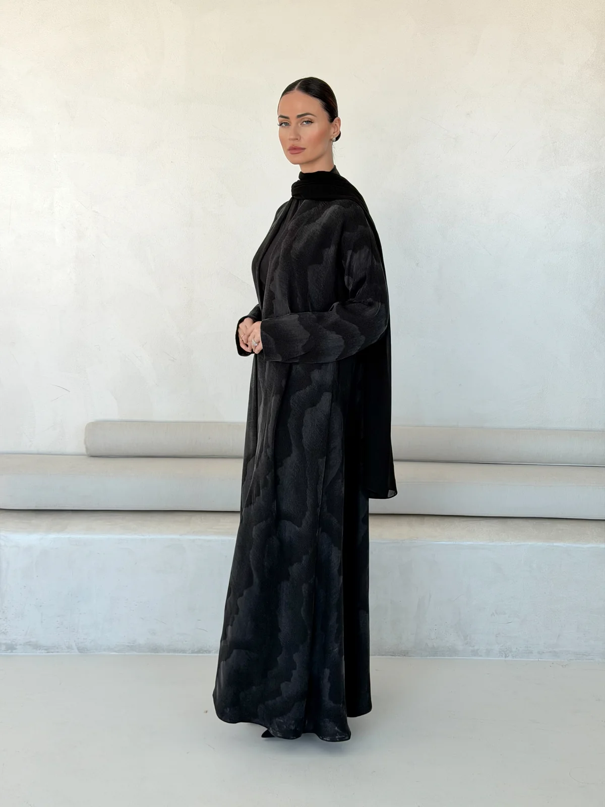 Black Abaya with Large Flowing Motif in Washed slub jacquard - additional angle | JAAZLINE JZA26-20