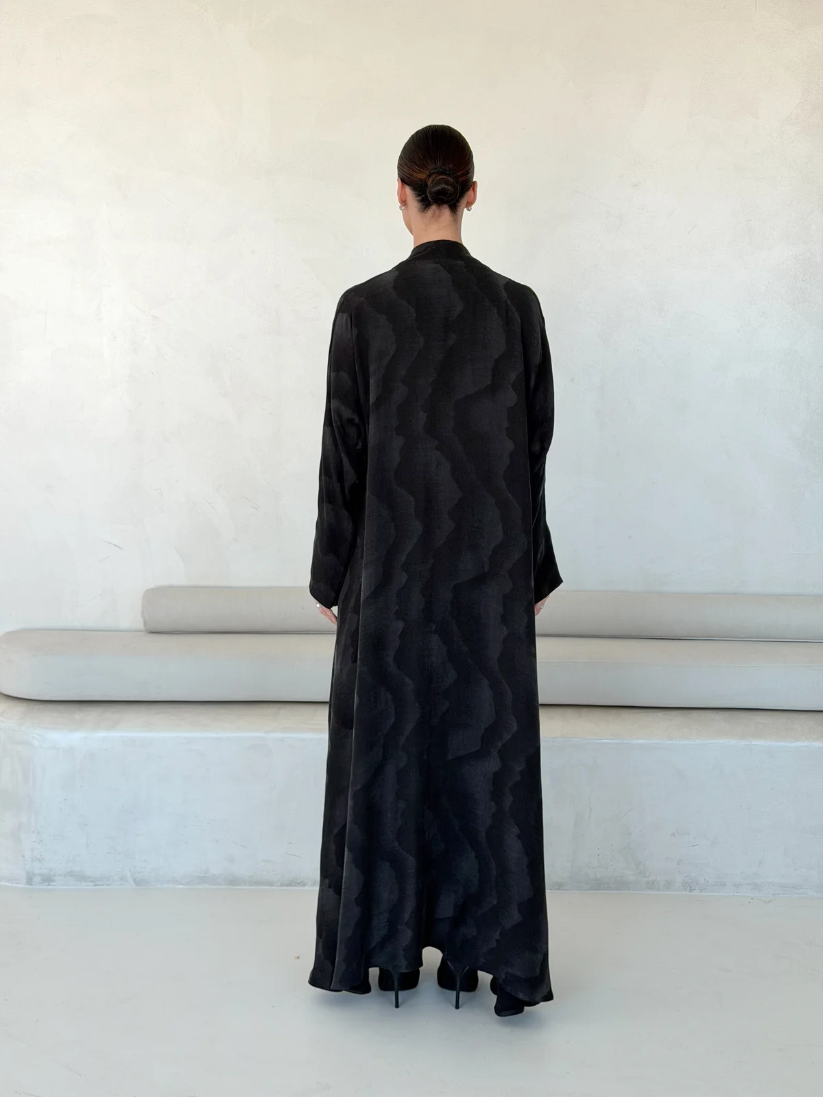 Black Abaya with Large Flowing Motif in Washed slub jacquard - additional angle | JAAZLINE JZA26-20