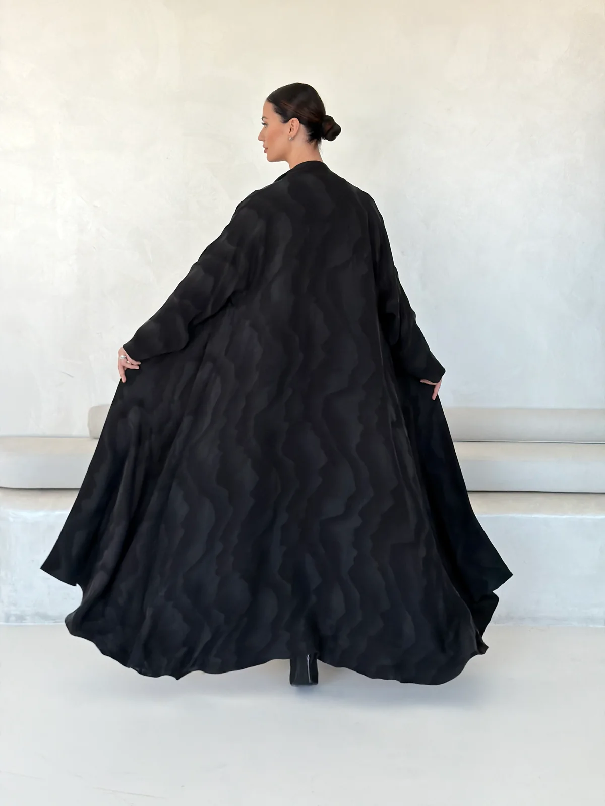 Black Abaya with Large Flowing Motif in Washed slub jacquard - additional angle | JAAZLINE JZA26-20