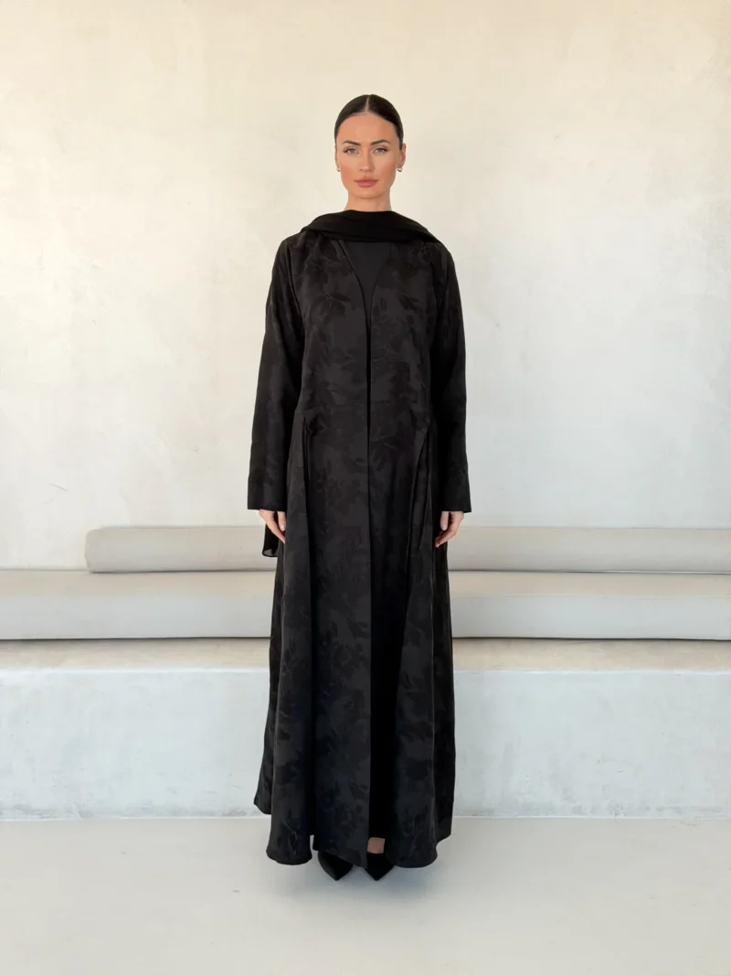 Black Abaya with Overlapping Botanical Motif in Washed jacquard - main view | JAAZLINE JZA26-21