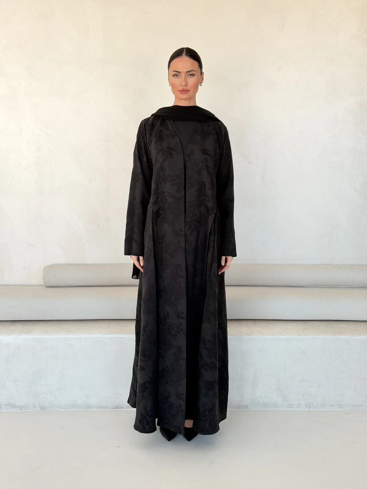 Black Abaya with Overlapping Botanical Motif in Washed jacquard - main view | JAAZLINE JZA26-21