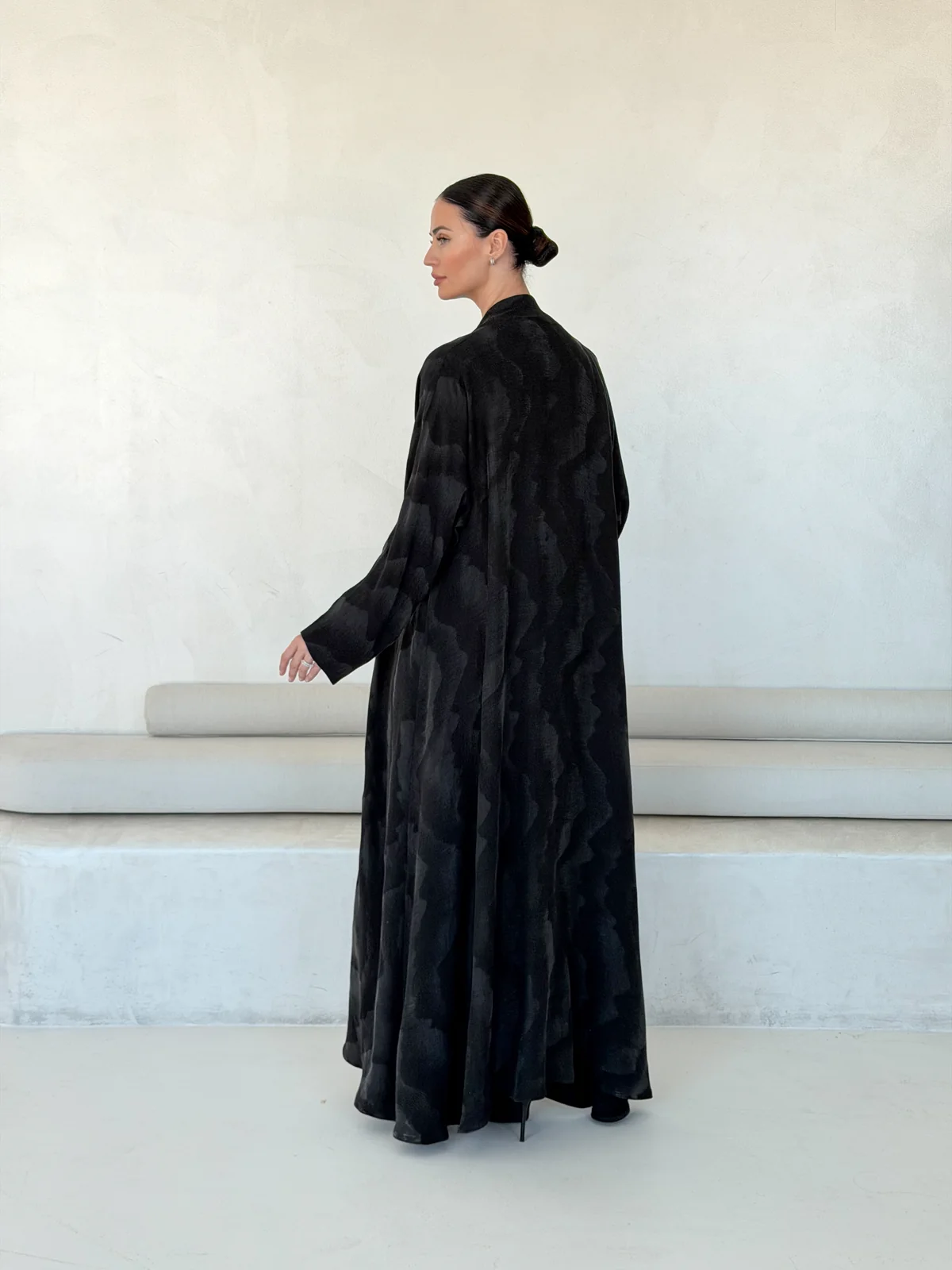 Black Abaya with Overlapping Botanical Motif in Washed jacquard - additional angle | JAAZLINE JZA26-21