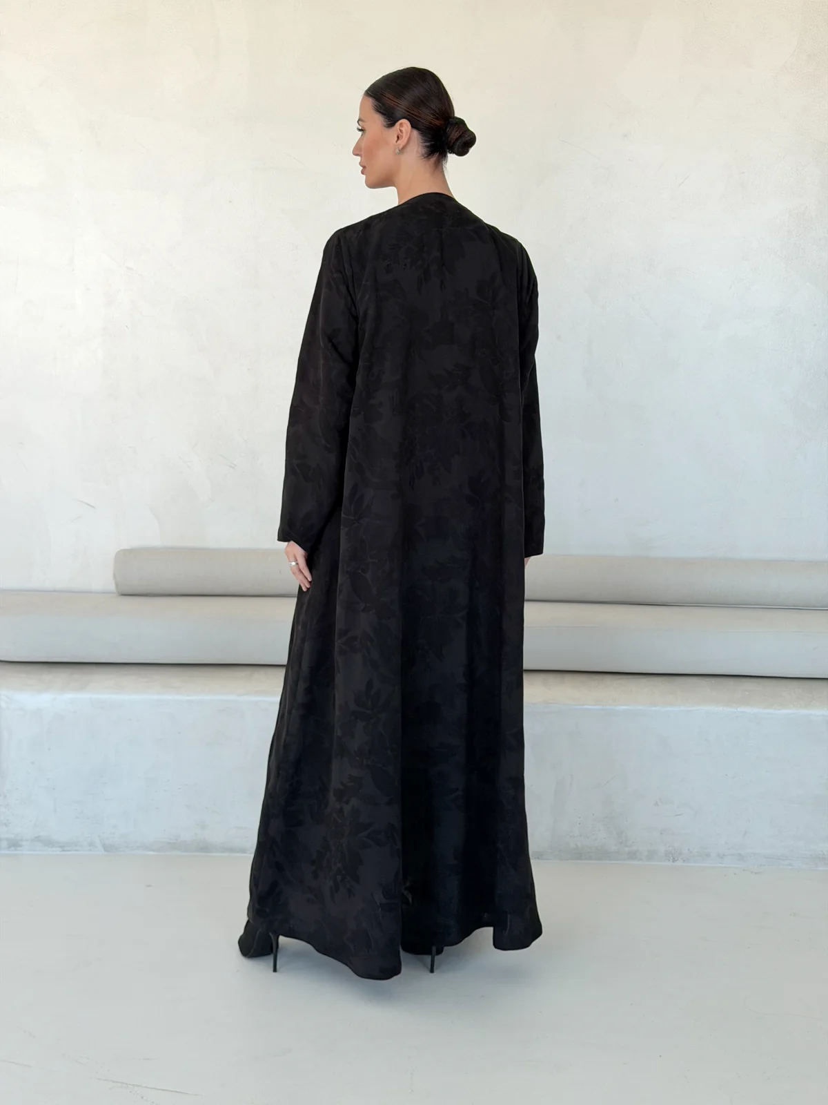 Black Abaya with Overlapping Botanical Motif in Washed jacquard - additional angle | JAAZLINE JZA26-21