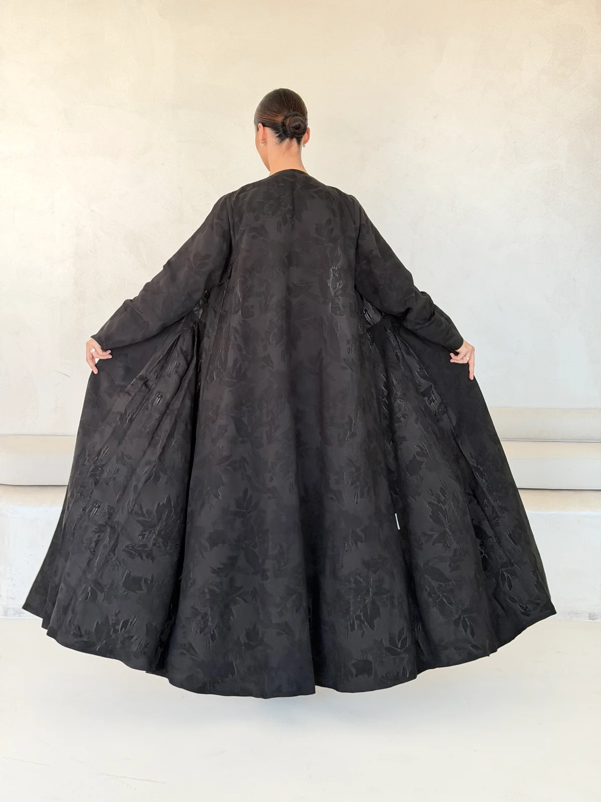 Black Abaya with Overlapping Botanical Motif in Washed jacquard - additional angle | JAAZLINE JZA26-21
