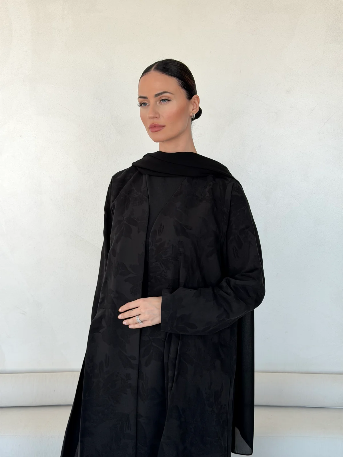 Black Abaya with Overlapping Botanical Motif in Washed jacquard - fabric and design detail | JAAZLINE JZA26-21