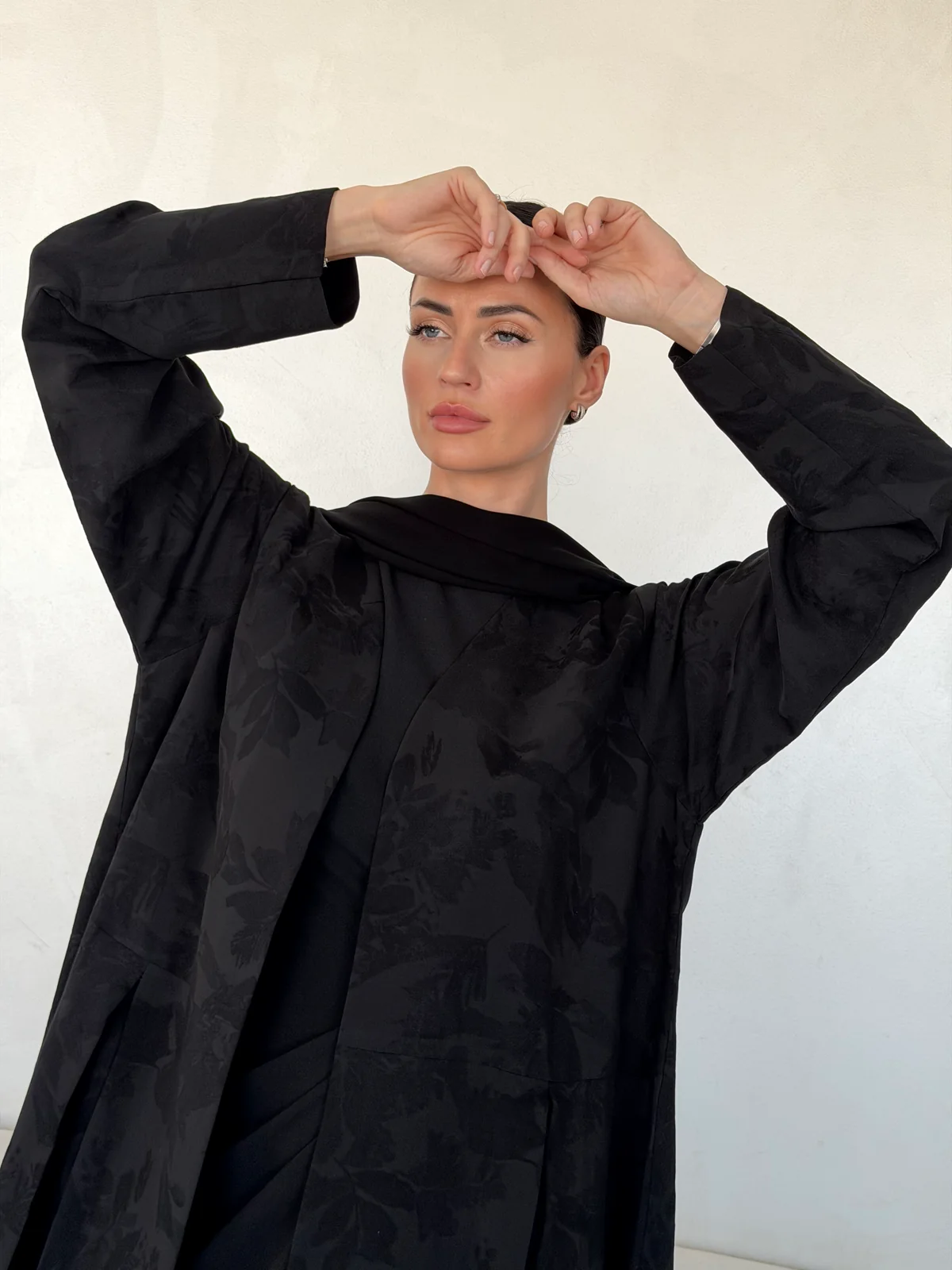 Black Abaya with Overlapping Botanical Motif in Washed jacquard - fabric and design detail | JAAZLINE JZA26-21