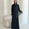 Dark Abaya with Burgundy Edging in Ehsas crepe - main view | JAAZLINE JZA26-23