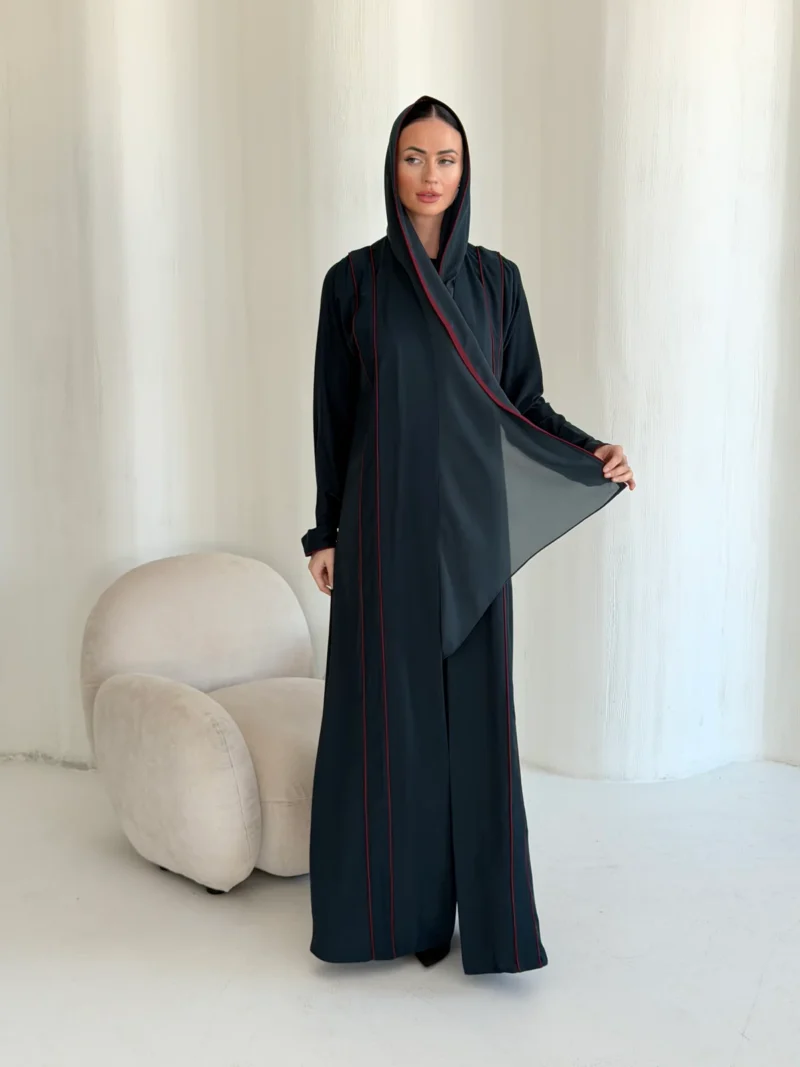 Dark Abaya with Burgundy Edging in Ehsas crepe - main view | JAAZLINE JZA26-23