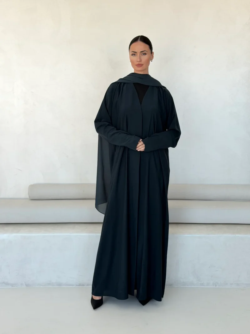 Dark Abaya with Draped Upper Detail in Ehsas crepe - main view | JAAZLINE JZA26-24