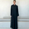 Dark Collared Abaya with Short Back Overlay in Ehsas crepe - main view | JAAZLINE JZA26-25