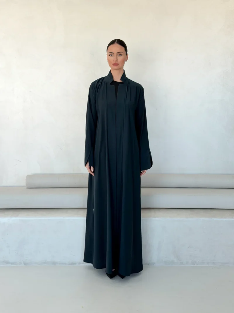 Dark Collared Abaya with Short Back Overlay in Ehsas crepe - main view | JAAZLINE JZA26-25