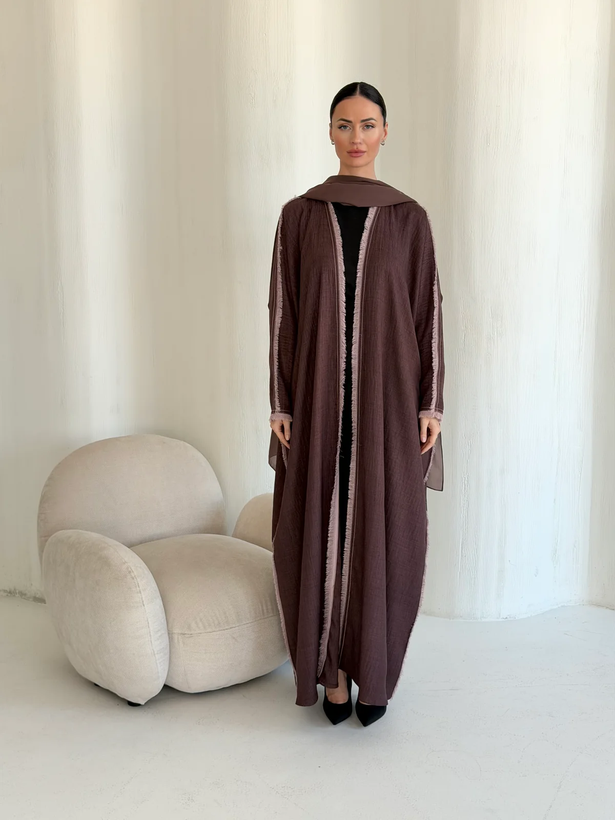 Brown Abaya with Pale Pink Edging in Airflow - main view | JAAZLINE JZA26-26