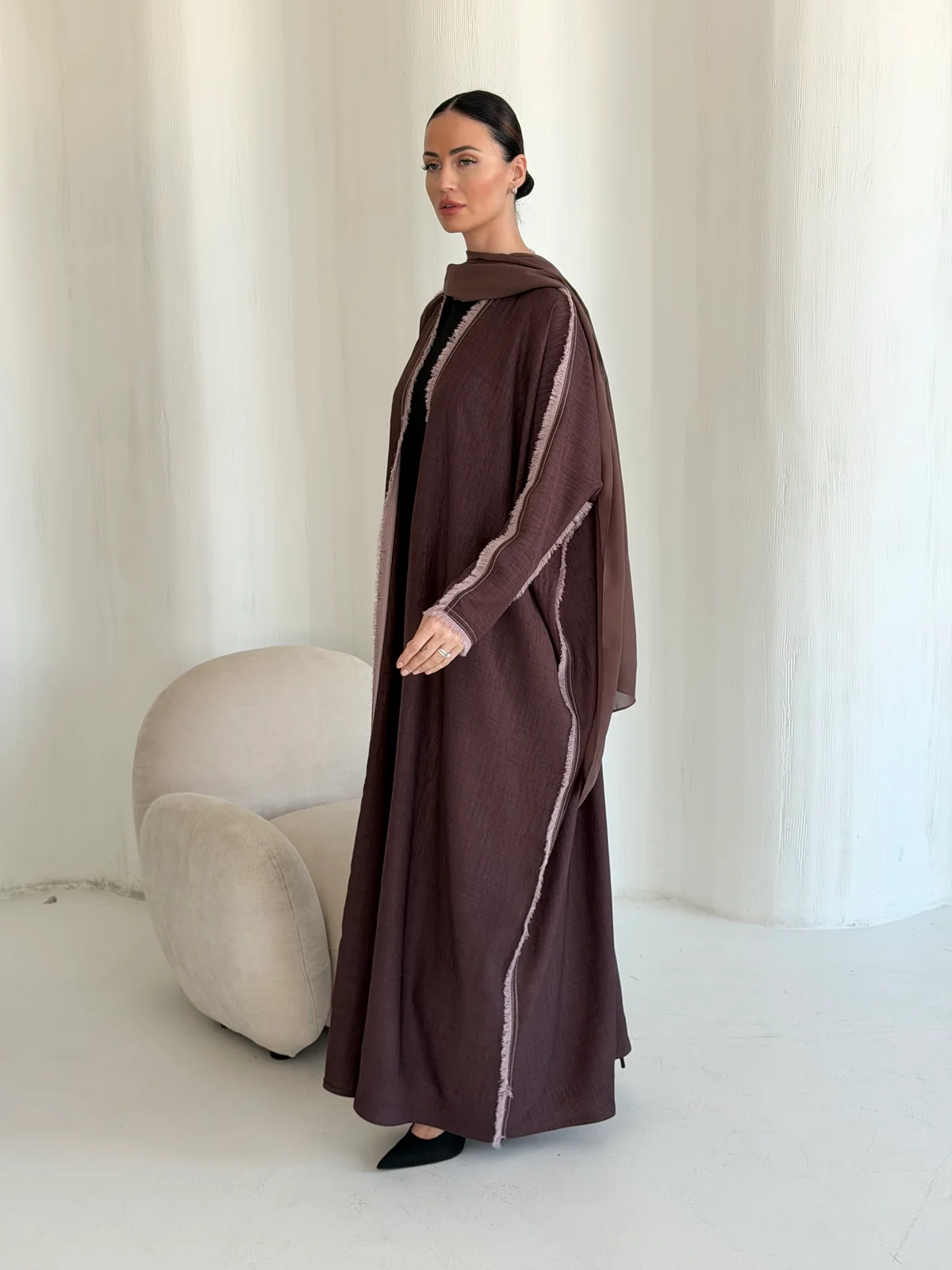 Brown Abaya with Pale Pink Edging in Airflow - additional angle | JAAZLINE JZA26-26