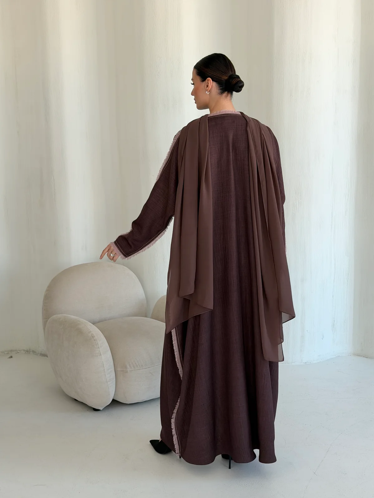 Brown Abaya with Pale Pink Edging in Airflow - additional angle | JAAZLINE JZA26-26