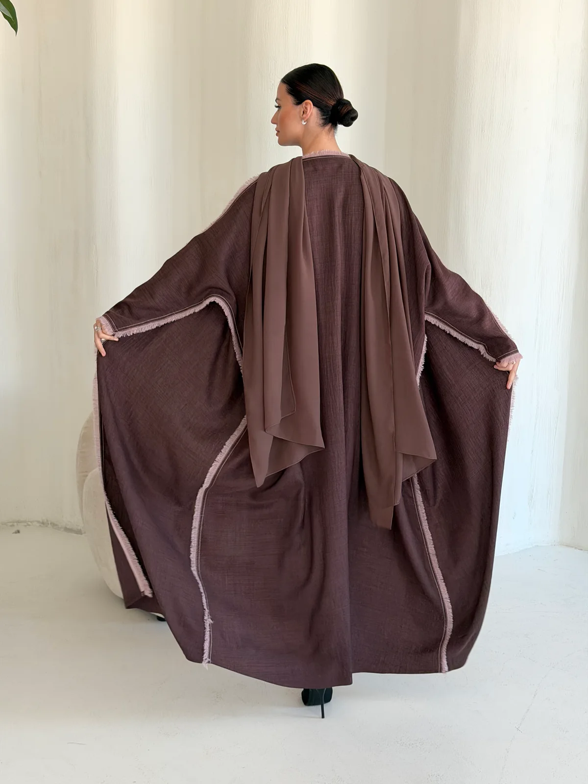 Brown Abaya with Pale Pink Edging in Airflow - additional angle | JAAZLINE JZA26-26