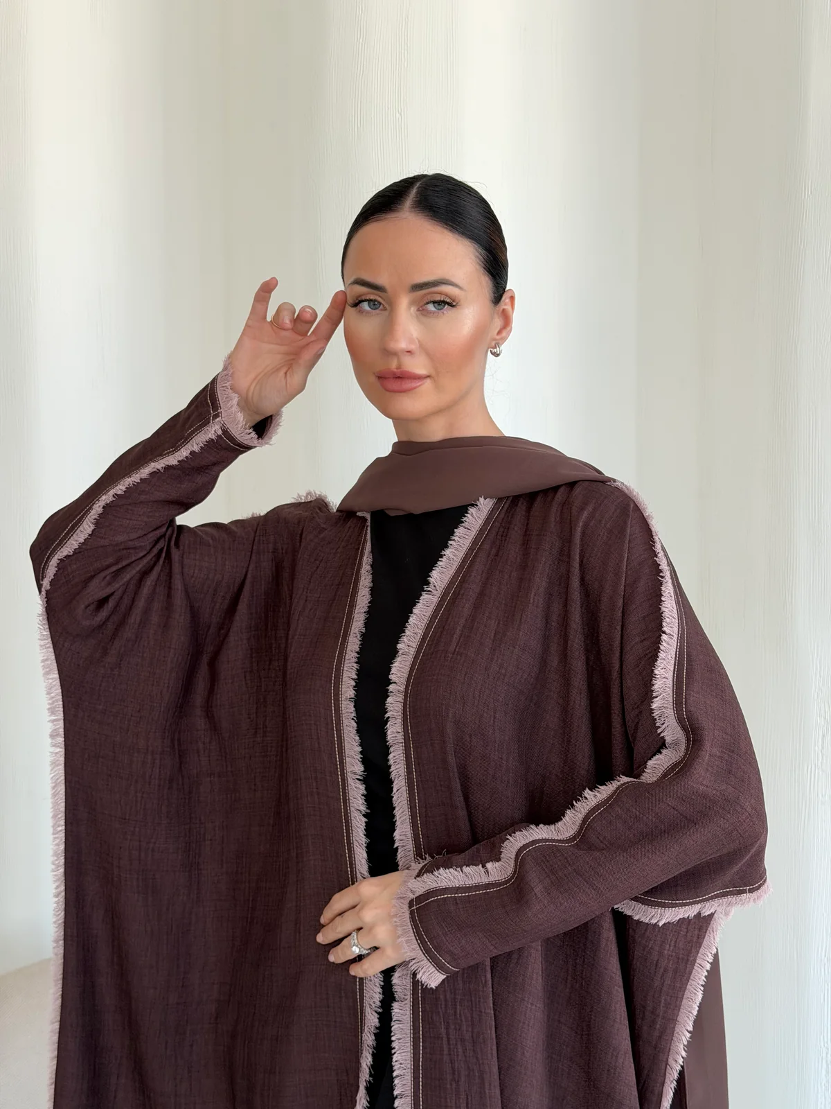 Brown Abaya with Pale Pink Edging in Airflow - fabric and design detail | JAAZLINE JZA26-26