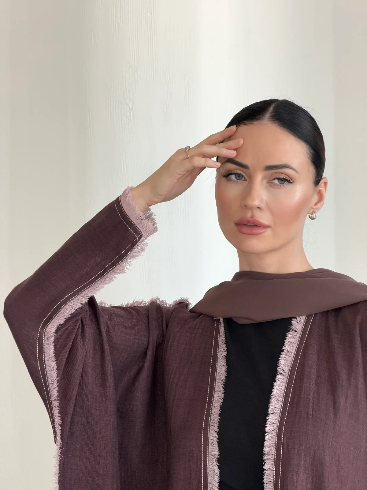 Brown Abaya with Pale Pink Edging in Airflow - fabric and design detail | JAAZLINE JZA26-26