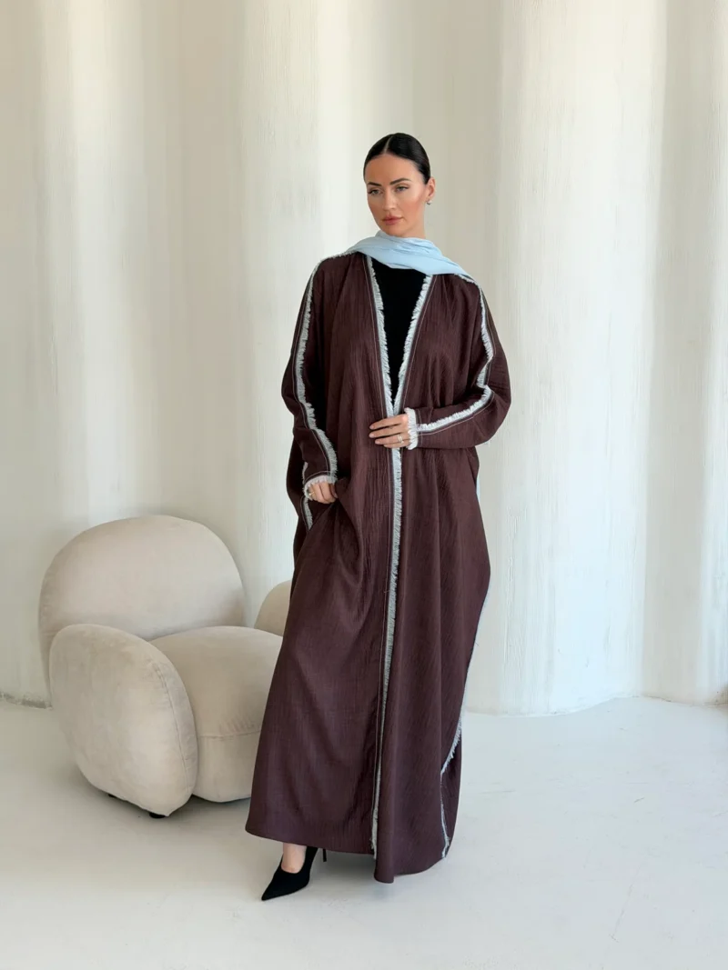 Brown Abaya with Pale Blue Edging in Airflow - main view | JAAZLINE JZA26-27
