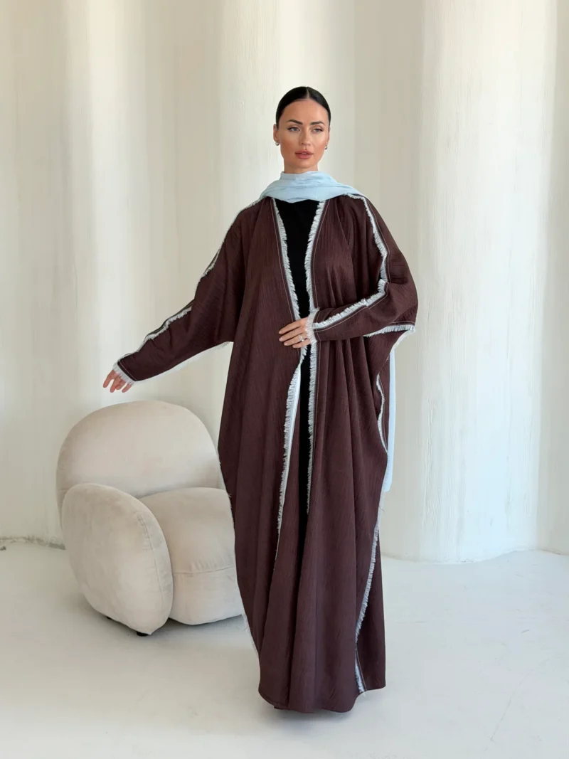 Brown Abaya with Pale Blue Edging in Airflow - additional angle | JAAZLINE JZA26-27