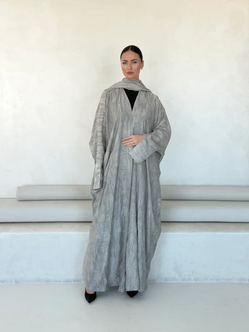 Light Grey Abaya with Abstract Pattern in Washed linen - main view | JAAZLINE JZA26-29