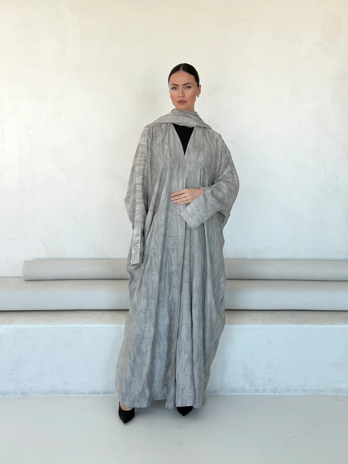 Light Grey Abaya with Abstract Pattern in Washed linen - main view | JAAZLINE JZA26-29