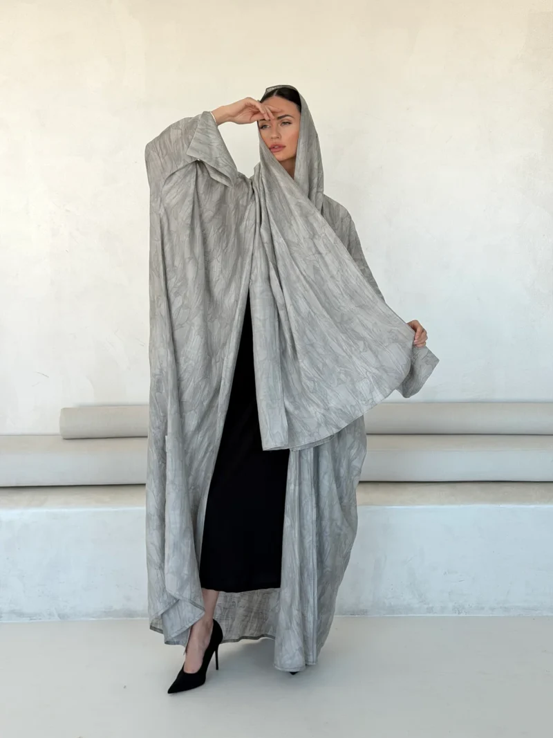 Light Grey Abaya with Abstract Pattern in Washed linen - additional angle | JAAZLINE JZA26-29