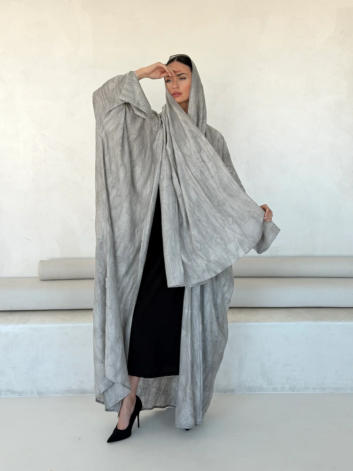 Light Grey Abaya with Abstract Pattern in Washed linen - additional angle | JAAZLINE JZA26-29