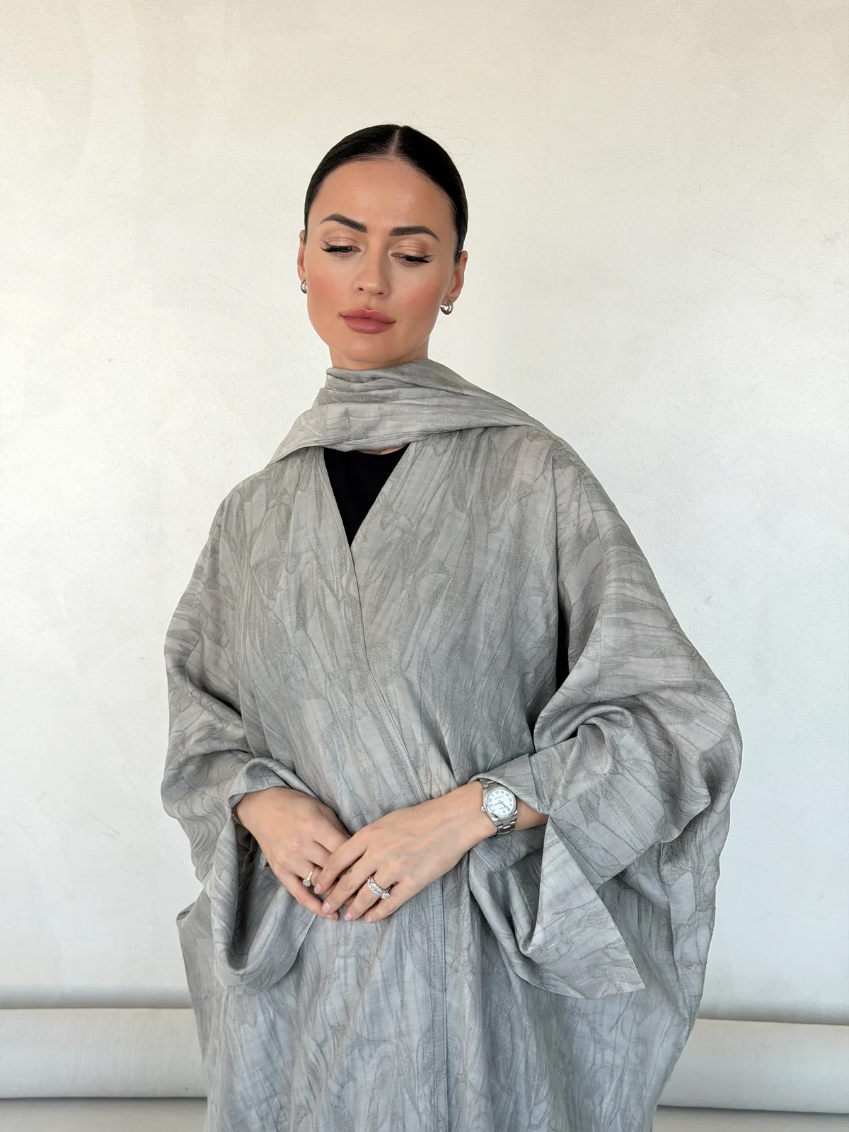 Light Grey Abaya with Abstract Pattern in Washed linen - fabric and design detail | JAAZLINE JZA26-29