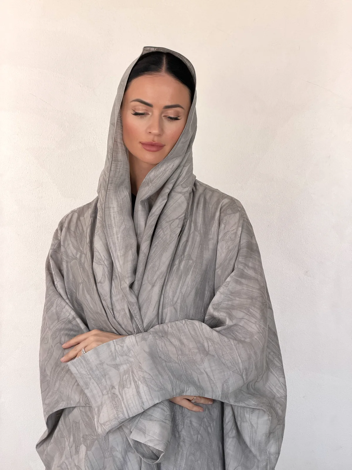 Light Grey Abaya with Abstract Pattern in Washed linen - fabric and design detail | JAAZLINE JZA26-29