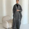 Charcoal Grey Abaya with Abstract Pattern in Washed linen - main view | JAAZLINE JZA26-30
