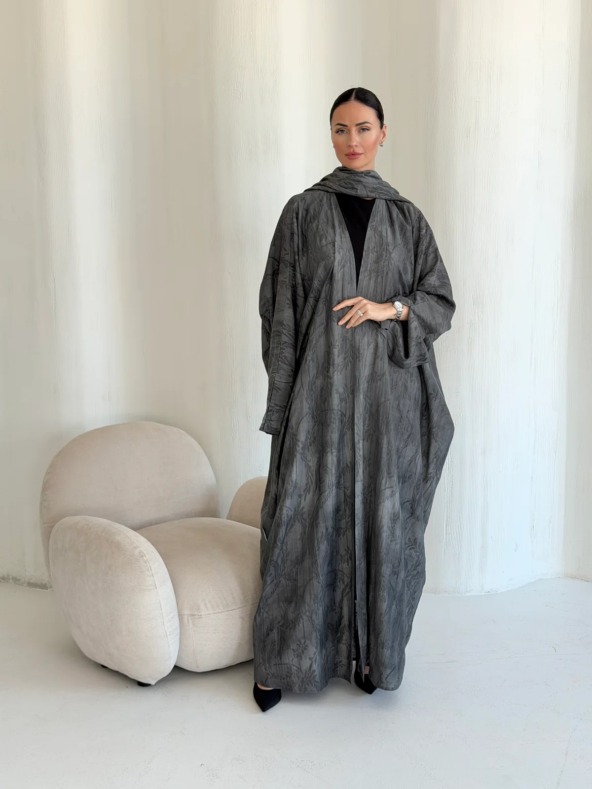 Charcoal Grey Abaya with Abstract Pattern in Washed linen - main view | JAAZLINE JZA26-30