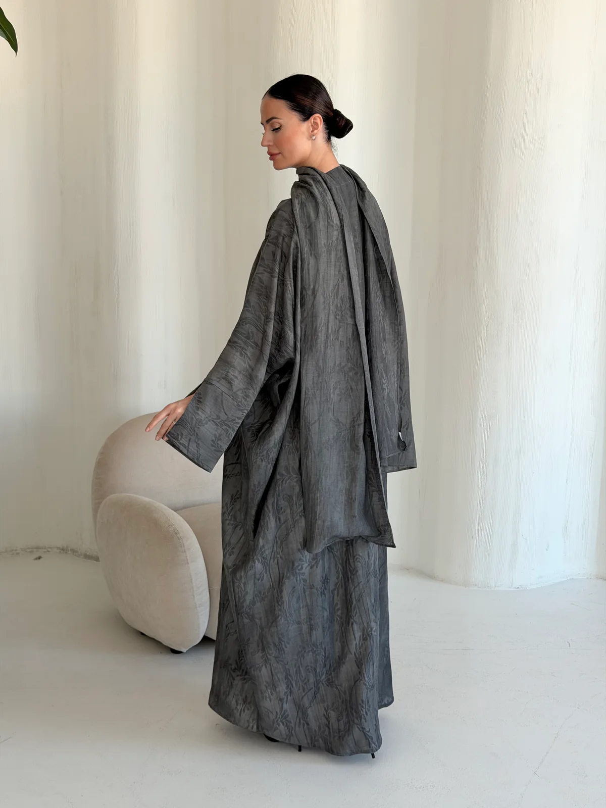 Charcoal Grey Abaya with Abstract Pattern in Washed linen - additional angle | JAAZLINE JZA26-30