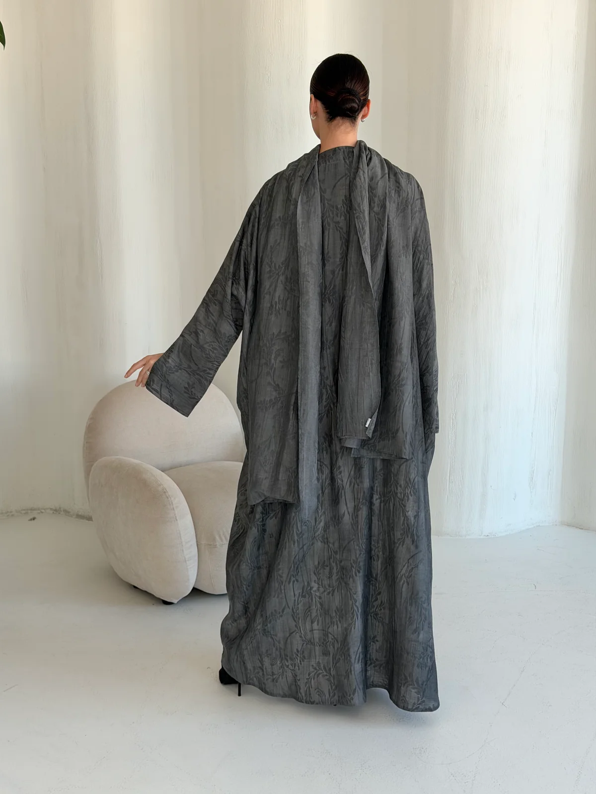 Charcoal Grey Abaya with Abstract Pattern in Washed linen - additional angle | JAAZLINE JZA26-30