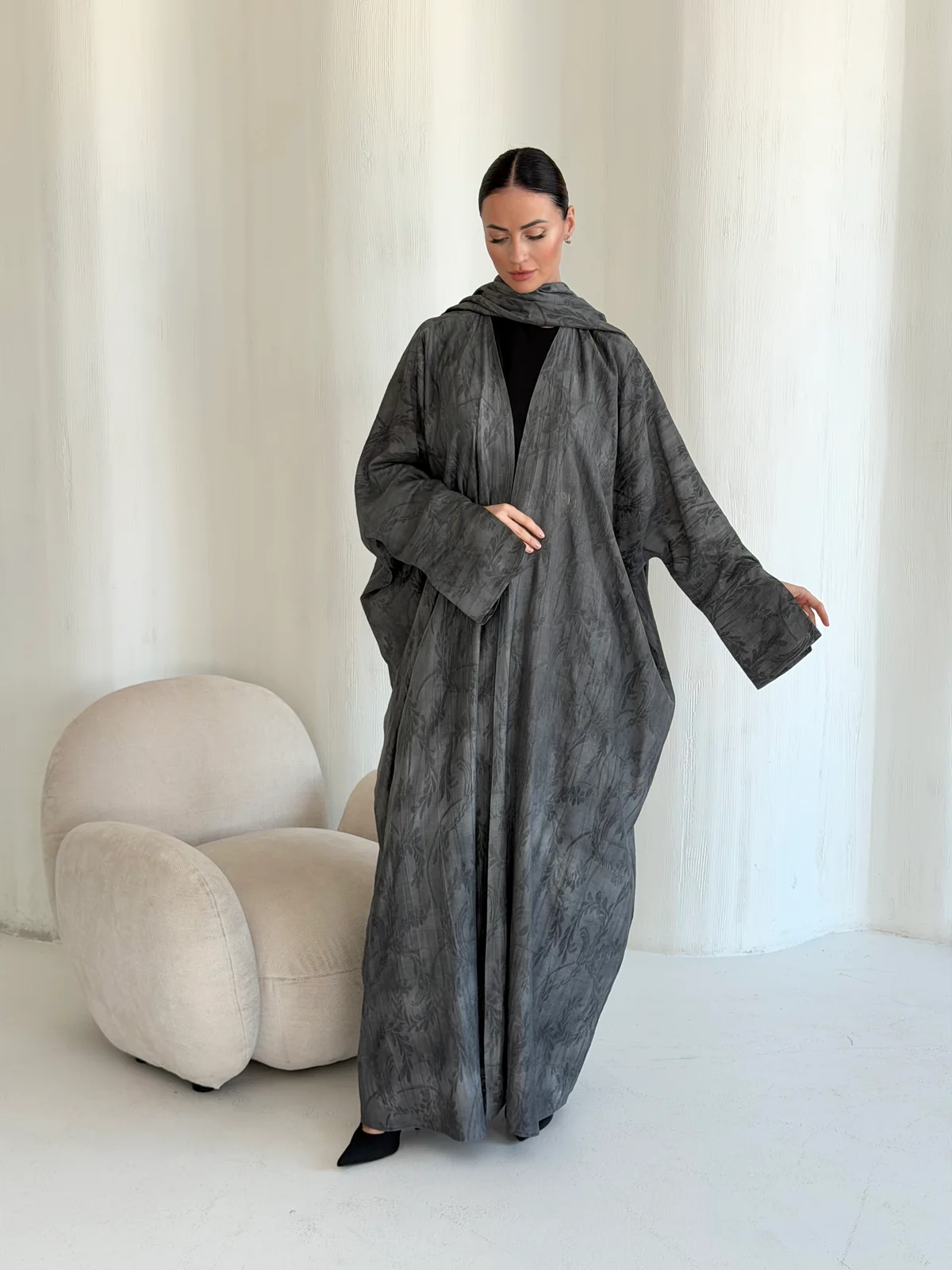 Charcoal Grey Abaya with Abstract Pattern in Washed linen - additional angle | JAAZLINE JZA26-30