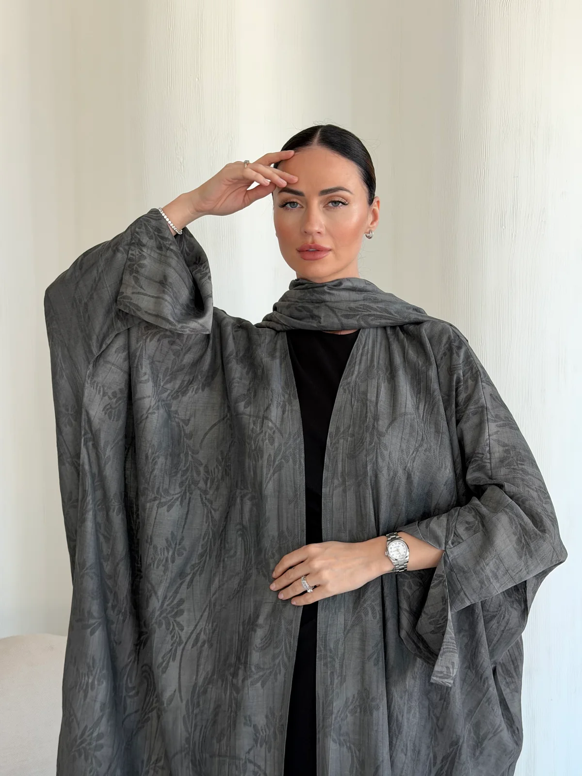 Charcoal Grey Abaya with Abstract Pattern in Washed linen - fabric and design detail | JAAZLINE JZA26-30