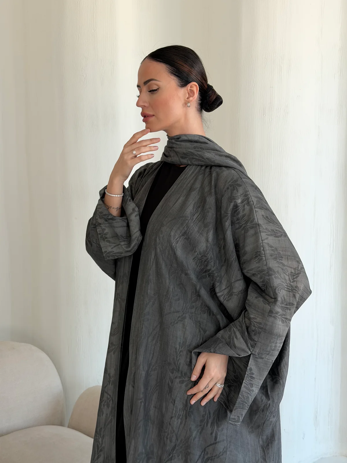 Charcoal Grey Abaya with Abstract Pattern in Washed linen - fabric and design detail | JAAZLINE JZA26-30